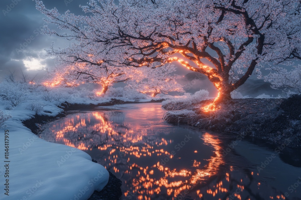 Aufkleber Enchanting fiery trees reflect on a calm stream in a mystical winter landscape with snow, creating a captivating and serene visual experience.