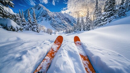 Snowy Mountain View with Skis in Foreground on Sunny Day