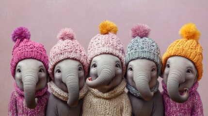 Lovely elephants in warm winter hats on the lilac background
