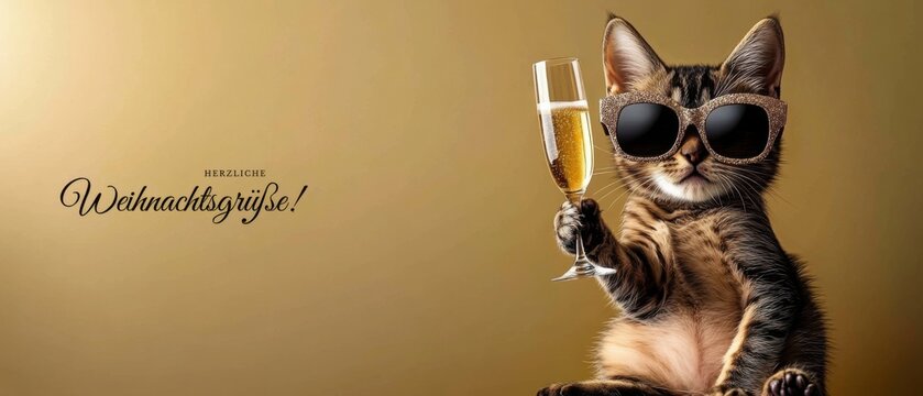 Festlicher Weihnachtskater mit Champagner und Sonnenbrille feiert Weihnachten