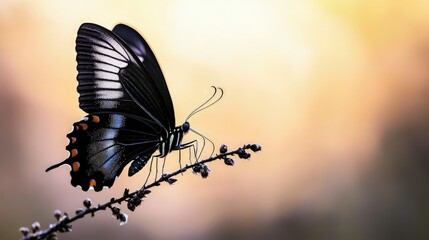 Obraz premium Black butterfly perched on a twig at sunset.