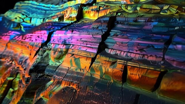 Macro photography showing colorful layers of peacock ore creating an abstract that resembles big data, with vibrant hues of blue, pink, orange, and green