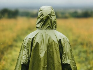 sustainability product concept. A biodegradable rain poncho made from compostable materials, ideal for festivals and outdoor events, sustainability product innovation biodegradable, green outdoor gear