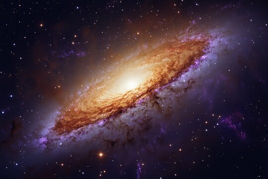 This image showcases a magnificent spiral galaxy with a luminous core, surrounded by swirling colors of blue and orange against a star-filled background.