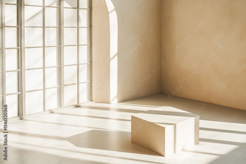 Leinwandbilder A modern, empty room well-lit by sun rays streaming through large windows, featuring minimalistic interior design elements and a neutral color palette.