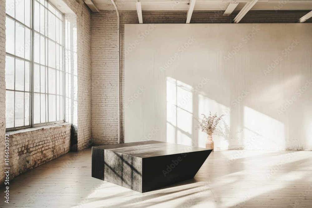 Poster a lofty, industrial-style room with sunlight pouring in, highlighting modern architectural features 
