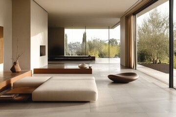 Obraz premium A modern, minimalist living room with a low sofa, expansive windows, and an elegant, natural landscape view, creating a serene and open atmosphere.