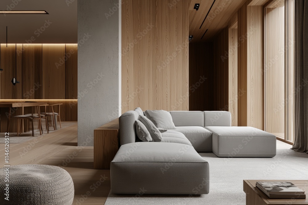 Poster a minimalist living room showcasing wood paneling and grey sofas, emphasizing simplicity and calm wi