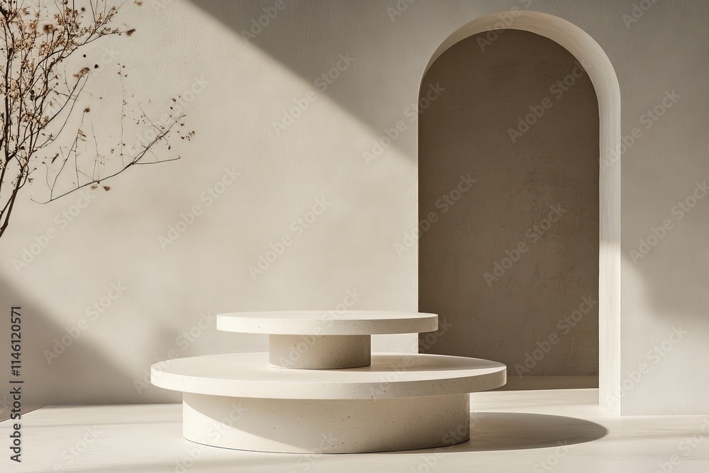 Poster a modern interior is captured in minimalist style, showcasing a round table bathed in soft light, em