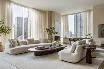 A upscale urban penthouse interior featuring plush white sofas, expansive windows with cityscape views, elegant decor, and ample natural light for a serene ambiance.