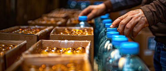 Obraz premium Hands sorting bottles in a warehouse filled with assorted liquid containers during evening hours