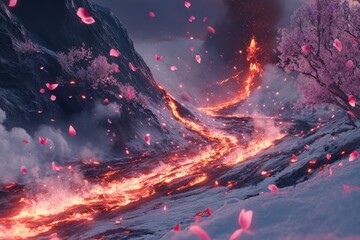 A breathtaking display of fiery lava coursing down a snow-blanketed mountainside, adorned with delicate cherry blossom petals, capturing nature's raw power and grace.