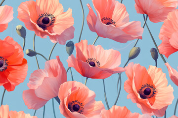 Vibrant floral pattern featuring pink and coral poppies against blue background