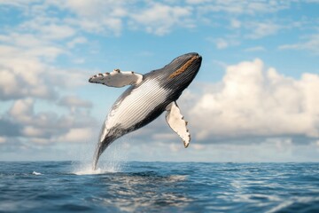 Naklejka premium A magnificent whale soars out of the water, exuberantly celebrating World Wildlife Day. The stunning leap showcases its power and grace against a vibrant blue sky with fluffy clouds