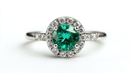 Elegant Green Gemstone Ring with Diamond Accents on White Background