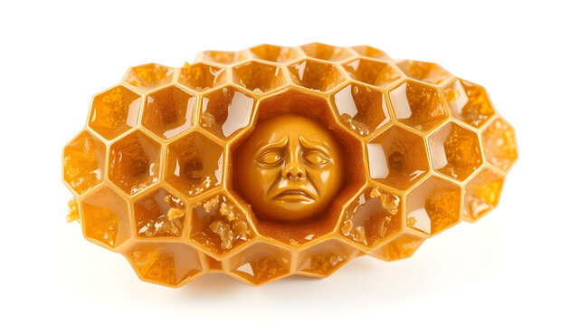 A honeycomb piece with a carved crying face in one of its hexagonal cells, the golden wax textures and glossy reflections rendered perfectly, set against a white background, ultra-detailed in 8K