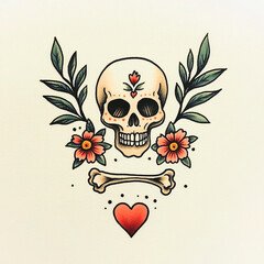 Skull and Heart tattoo flash illustration