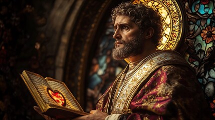 A serene stained-glass depiction of Saint Augustine, with a flaming heart and a book, glowing radiant golden and crimson hues, intricate floral and celestial motifs framing the sacred moment,