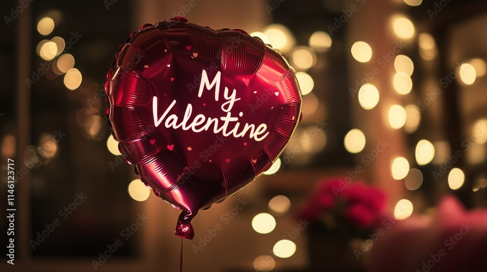 Poster a heart-shaped balloon with the words my valentine floats in a softly lit room. warm lights create a