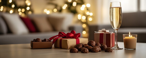 February 14. Valentine's Day conceptual banner with champagne glass, chocolate, gift, candle and red heart, lonely evening in cozy atmosphere. Bokeh lights in the background. Love, gifts and happiness