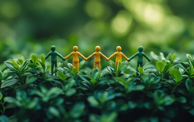 Group of toy people holding hands on a green bush, symbolizing unity, teamwork, and collective strength in an organic, naturefilled landscape