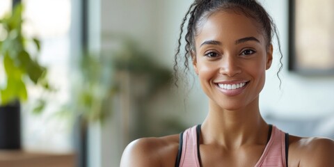 A happy woman smiling in a modern indoor setting. Her positive energy shines through. This image conveys wellness and confidence. It captures health and lifestyle inspiration. AI