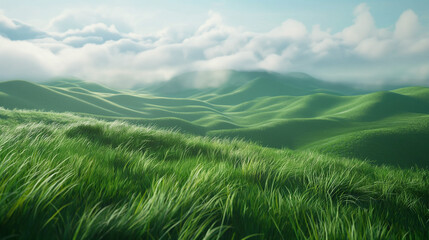 Lush green hills shrouded in soft clouds on a serene day.