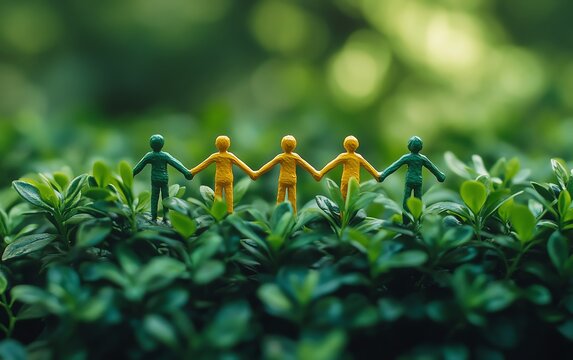 Group of toy people holding hands on a green bush, symbolizing unity, teamwork, and collective strength in an organic, naturefilled landscape