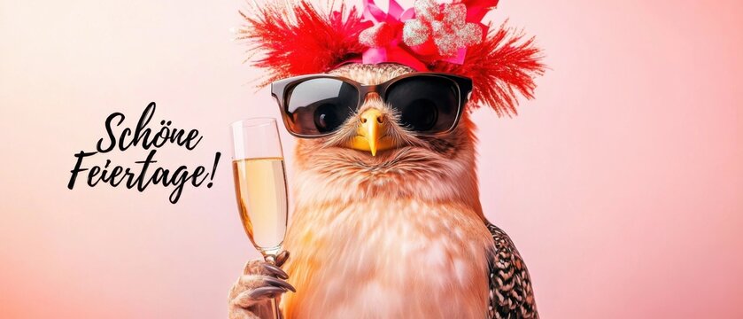 Coole Eule feiert sch&ouml;ne Feiertage mit Sekt  Lustige Stock Foto