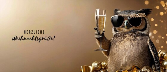 Stilvolle Eule genießt Champagner zu Weihnachten Festliche Weihnachtsgrüße
