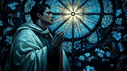 A serene stained-glass depiction of Saint Dominic, holding a rosary with a radiant star shining above him, glowing deep blue and white tones,