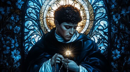 Obraz premium A serene stained-glass depiction of Saint Dominic, holding a rosary with a radiant star shining above him, glowing deep blue and white tones,