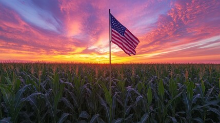 Flag in Cornfield Sunrise Vibrant Sky.