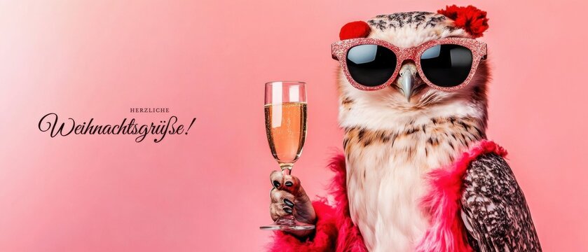 Schicke Eule feiert Weihnachten mit Sekt: Herzliche Weihnachtsgr&uuml;&szlig;e