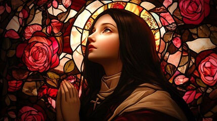 A serene stained-glass depiction of Saint Therese of Lisieux, glowing with radiant pink and red hues, surrounded by intricate rose patterns,