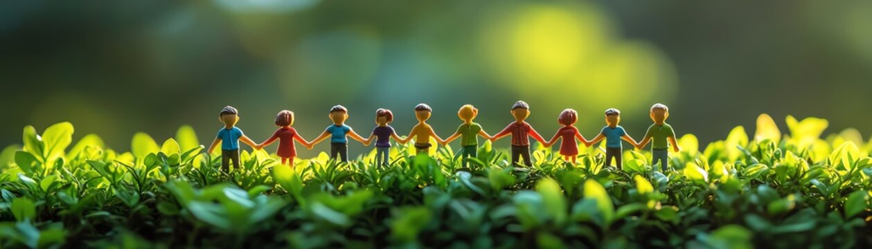 Toy people standing hand in hand on a green bush, representing togetherness, teamwork, and the strength of unity in a lush natural environment