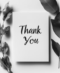 Black and white 'Thank You' card with floral accents on a clean white background