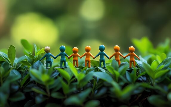 Toy people standing together and holding hands on a green bush, symbolizing teamwork, togetherness, and mutual support in a natural environment
