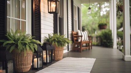 Cozy porch with lanterns, plants, and bench.