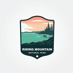 riding mountain national park vintage outdoor logo vector illustration design, moose on the lake watching the sunset illustration design