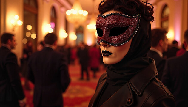Woman in a mysterious mask at an elegant masquerade ball.