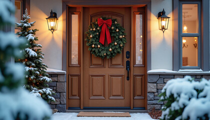 Festive front door with a Christmas wreath and snowy surroundings.