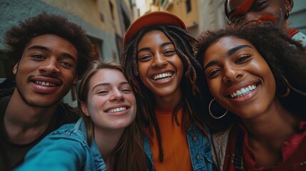smiling multiethnic young group making selfie on the street