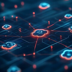 Digital Data Center with Cloud Icons and Network Connections
