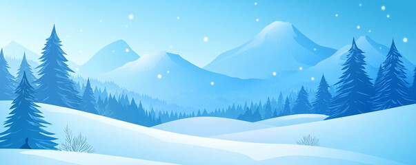 Fototapeta premium Snowy mountain landscape. Vector blue silhouette of mountains, hills and forest. Holiday background with pine, spruce, Christmas tree. Winter nature. Banner with evergreen coniferous trees for website