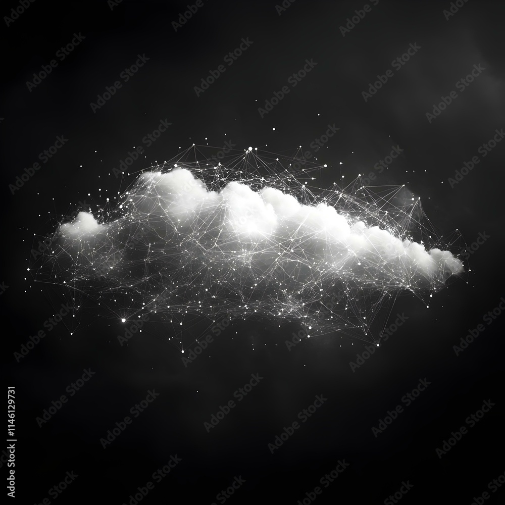 Poster digital cloud network with interconnected lines and data visualization