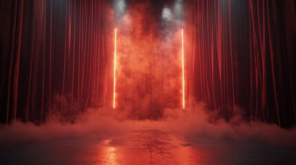 Dramatic Empty Stage with Red Velvet Curtains Partially Open and Smoke Enhancing the Mysterious Atmosphere of Performance