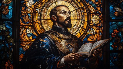 A vibrant stained-glass depiction of Saint Ignatius of Loyola, with a sword and an open book in hand, glowing with radiant golden and navy-blue hues,