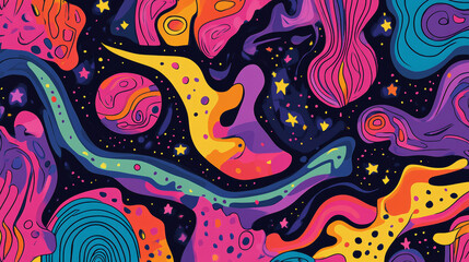Obraz premium Colorful abstract cosmic design with swirling patterns and bright celestial elements in a vibrant night sky