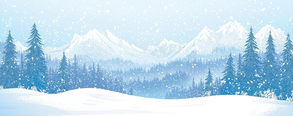 Snowy mountain landscape. Vector blue silhouette of mountains, hills and forest. Holiday background with pine, spruce, Christmas tree. Winter nature. Banner with evergreen coniferous trees for website